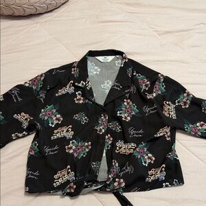 H&M Black Floral Tie-Front Shirt with Pink & Green Accents